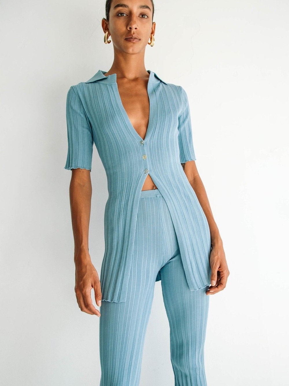 The Line by K Daisy Knit Cardigan XS + Pant S Matching Set in Mineral Blue